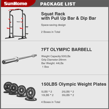 Squat Rack with Olympic Barbell and 150lbs Weight Plates Package