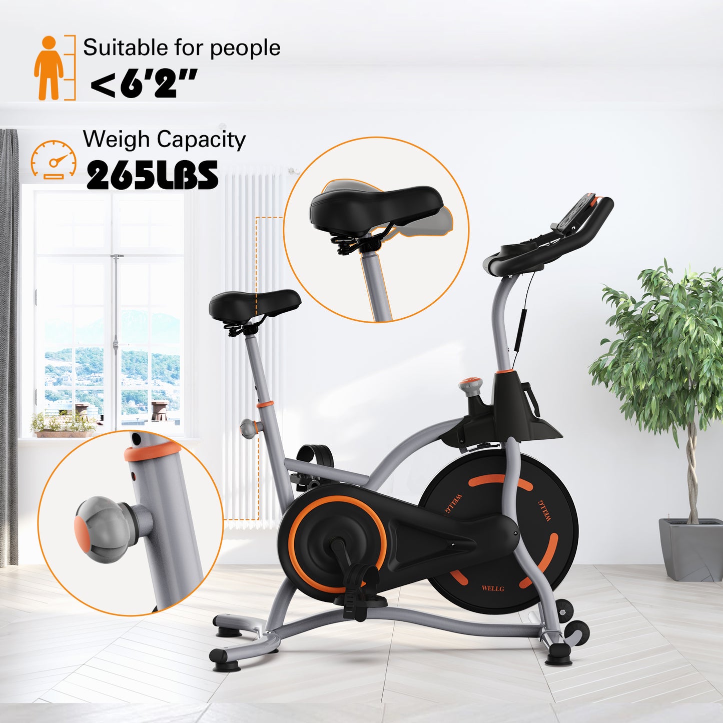 WELLG Exercise Bike WG-521, Brake Pad Stationary Bike for Home with Exclusive App, Magnetic Indoor Cycling Bike with 300 lb Weight Capacity, Low Noise, Tablet Holder