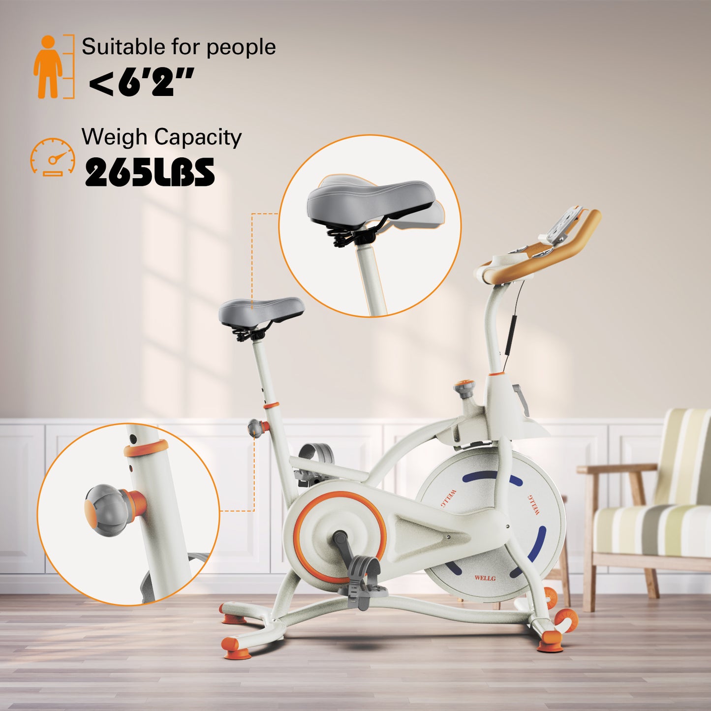WELLG Exercise Bike, Brake Pad Stationary Bike for Home with Exclusive App, Magnetic Indoor Cycling Bike with 300 lb Weight Capacity, Low Noise, Tablet Holder
