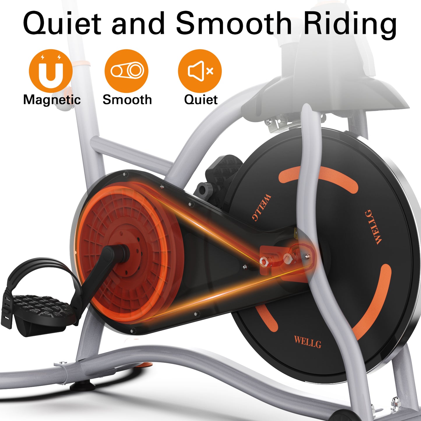 WELLG Exercise Bike WG-521, Brake Pad Stationary Bike for Home with Exclusive App, Magnetic Indoor Cycling Bike with 300 lb Weight Capacity, Low Noise, Tablet Holder