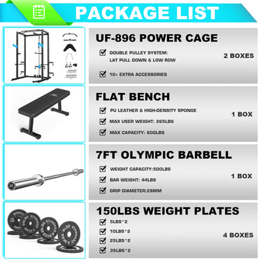 Power Cage Rack with Bench, Olympic Barbell, 150lbs Plates PACKAGES