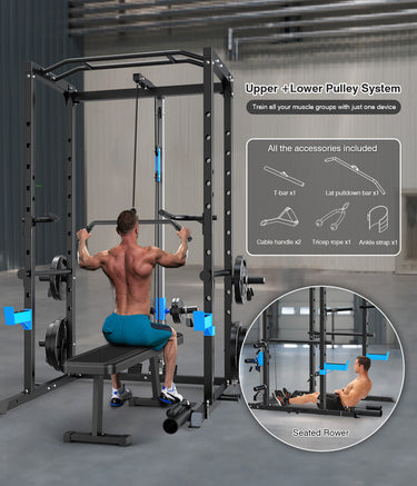 Power Cage Rack with Bench, Olympic Barbell, 150lbs Plates PACKAGES
