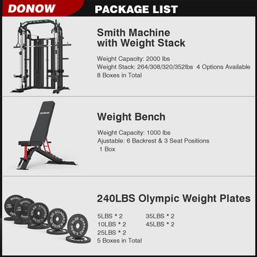 Smith Machine with Bench and 240lbs Weight Plates Package